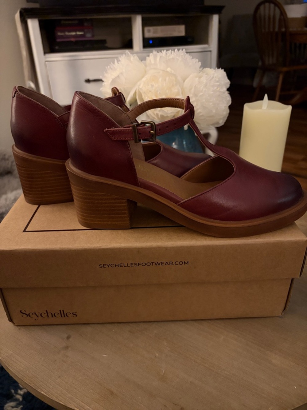 Seychelles T-Strap Platform Heels in Wine